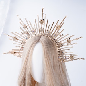 Moon Star Halo Crown Gold Glitter Crown Headdress Gold Queen Headpiece Zip Tie Jewelry Bridal Halo Crown Wedding Headband Goddess Head Band image 3