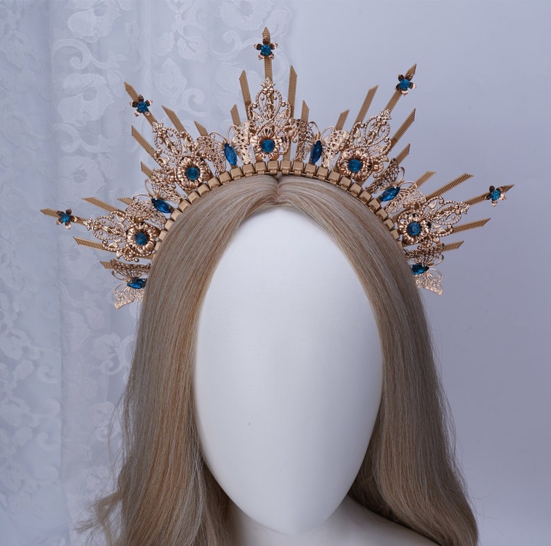 Halo Crown, Gold Halo Headpiece with Blue Crystal, Queen Headpiece with Butterfly, Bridal Halo Headband, Boho Wedding Crown, Goddess Crown image 6