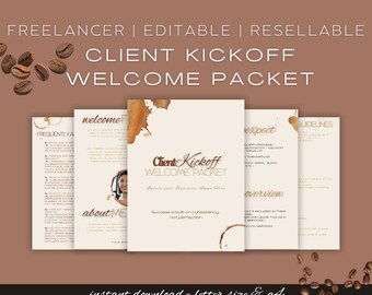 Pode incluir: Um Pacote de Boas-Vindas para o Lançamento do Cliente em tons de castanho e bege. O pacote apresenta várias páginas com texto e desenhos de manchas de café. As palavras "FREELANCER | EDITABLE | RESELLABLE" estão no topo. A frase "instant download - letter size & a4" está na parte inferior.