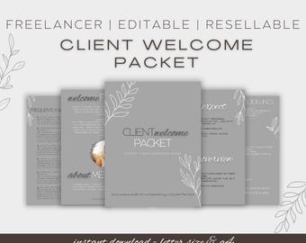 Pode incluir: Um modelo de Client Welcome Packet com fundo cinza e texto branco. O texto inclui "FREELANCER | EDITABLE | RESSELLABLE" e "CLIENT WELCOME PACKET". O pacote está disponível em tamanho carta e A4.