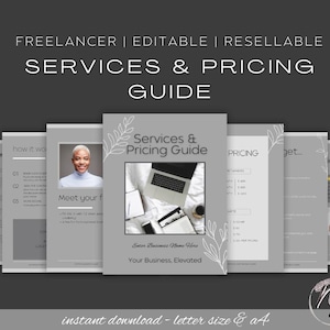 Może przedstawiać: Szara instrukcja usług i cen z tekstem "FREELANCER | EDITABLE | RESELLABLE" u góry. Przewodnik zawiera laptopa, telefon i inne artykuły biurowe. Tekst "instant download - letter size & a4" znajduje się na dole.