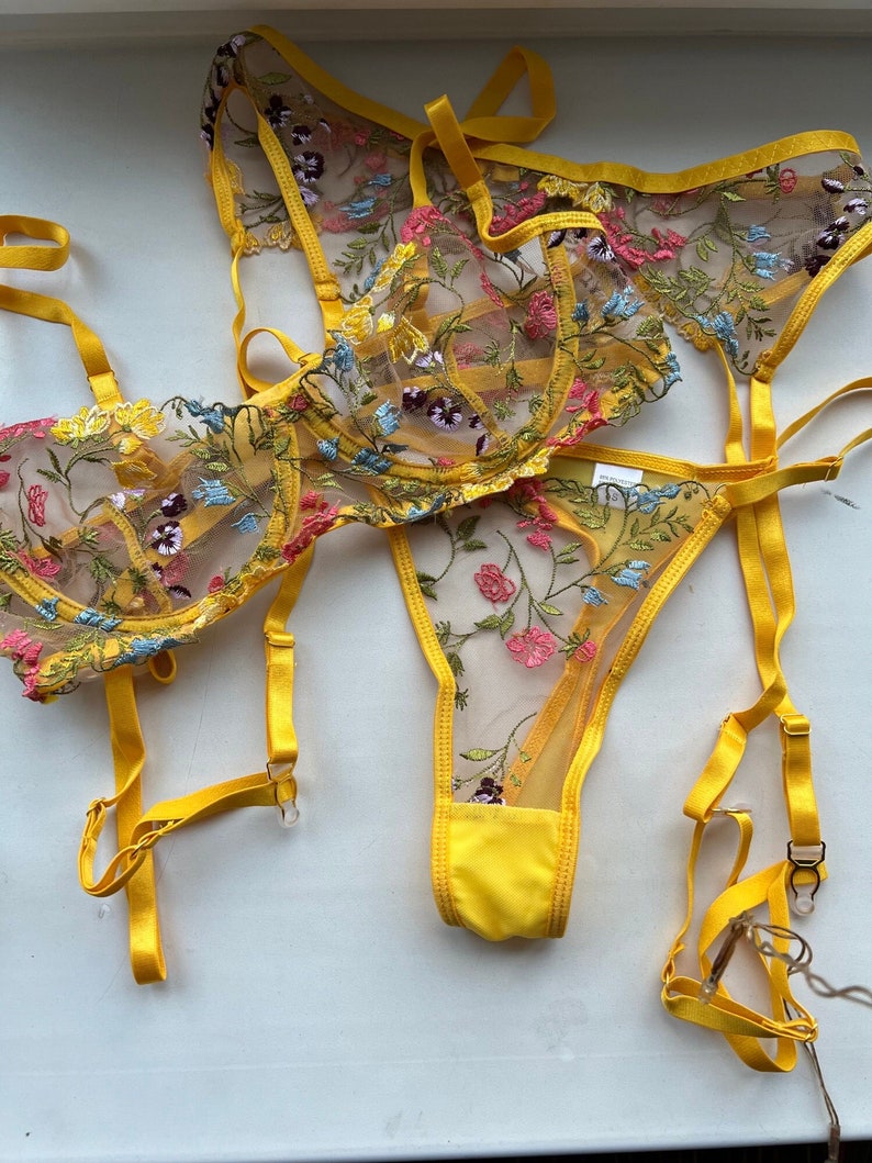 Sexy Bra and Panties Set Lingerie Yellow Embroidery Lace Etsy