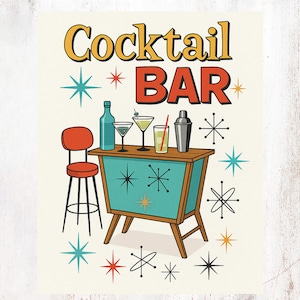 Arte mural retro de cócteles – Imprimible moderno de mediados de siglo – Letrero de bar atómico – Descarga instantánea