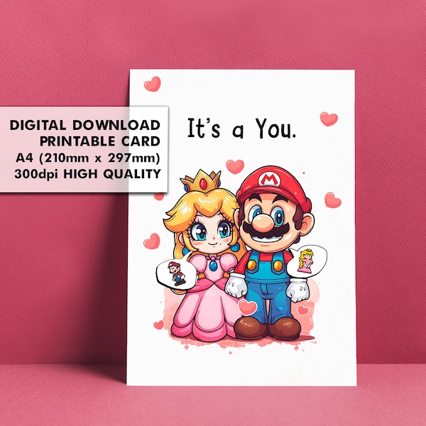 A Printable Card! A Cute Digital Gift / Wall Art Or Card For Video Game Fans - Instant Download - Mario and Princess Peach Fan Art