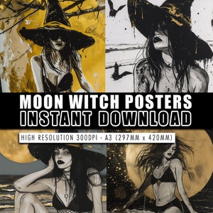 Afdrukbare maanheks zwart & goud thema: 4 Instant Download posters/kaarten voor mystieke kunst aan de muur! Hoge resolutie 300 dpi - A3 29,7 cm x 42,0 cm