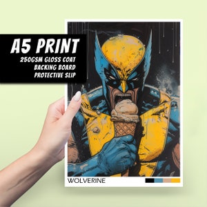 Wolverine A5 Kunstdruck - Eis essen, Geschenk, Dekoration, Popkultur, Kunst, große Postkarte, Marvel Comic, Pop Art, Geburtstag, Jungen, Mädchen