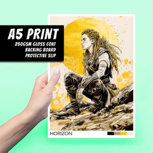 Horizon A5 Art Print - Gra wideo, Playstation, Prezent, Dekoracja, Kultura popularna, Sztuka ścienna, Duża pocztówka, Aloy, Estetyka czarno-złota