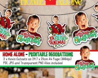 May include: Printable Christmas decorations featuring Kevin McCallister from the movie Home Alone. The decorations include a red and green "Merry Christmas" banner, a red and white "Ya Filthy Animal" banner, and two images of Kevin McCallister with the text "Merry Christmas".