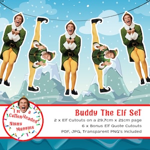 Puede incluir: Un conjunto de recortes imprimibles de Buddy el elfo. El conjunto incluye dos recortes de cuerpo entero de Buddy en diferentes poses, y seis recortes adicionales con citas de la película. Los recortes están diseñados para imprimirse en una página de 29,7 cm x 21 cm. El texto de la imagen dice "Buddy The Elf Set 2 x Elf Cutouts on a 29.7cm x 21cm page 6 x Bonus Elf Quote Cutouts PDF, JPG, Transparent PNG's Included"