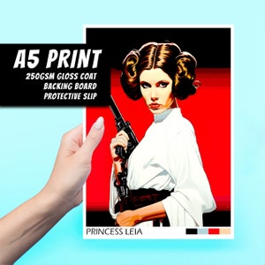Księżniczka Leia A5 Art Print - Jedi, Gwiezdne Wojny, Film, Prezent, Dekoracja, Popkultura, Sztuka ścienna, Duża pocztówka, Organa, Minimalistyczny