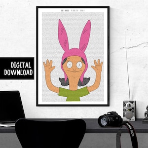 Könnte beinhalten: Ein digitaler Download-Druck eines Zeichentrickcharakters aus der Fernsehserie Bob's Burgers. Der Charakter ist eine Frau mit braunen Haaren, die ein rosa Hasenohren-Stirnband und ein grünes Shirt trägt. Der Hintergrund ist eine weiße Seite mit schwarzem Text.