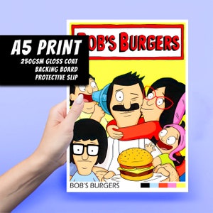 Bobs Burgers A5 Art Print - Program TV, The Belchers, Prezent, Dekoracja, Popkultura, Sztuka ścienna, Duża pocztówka, Bob, Linda, Louise, Gene, Tina