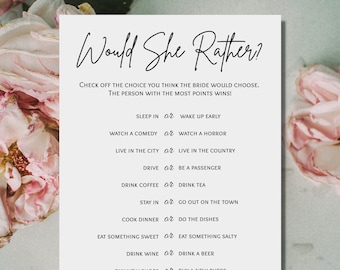 Minimalistic Bridal Shower Game - Would She Rather? Digital Download