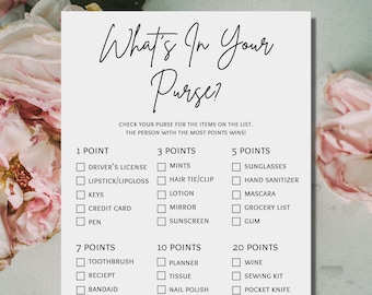 Minimalistic Bridal Shower Game - What&#39;s In Your Purse? Digital Download