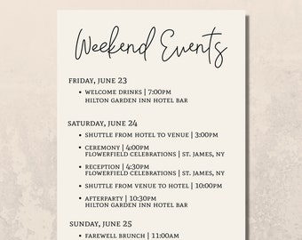 Weekend Events Itinerary for Wedding Hotel Bags