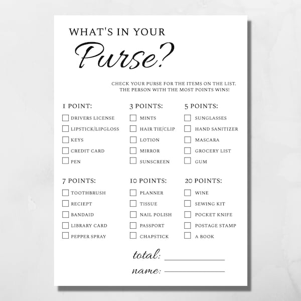 What's In Your Purse? Bridal Shower Game