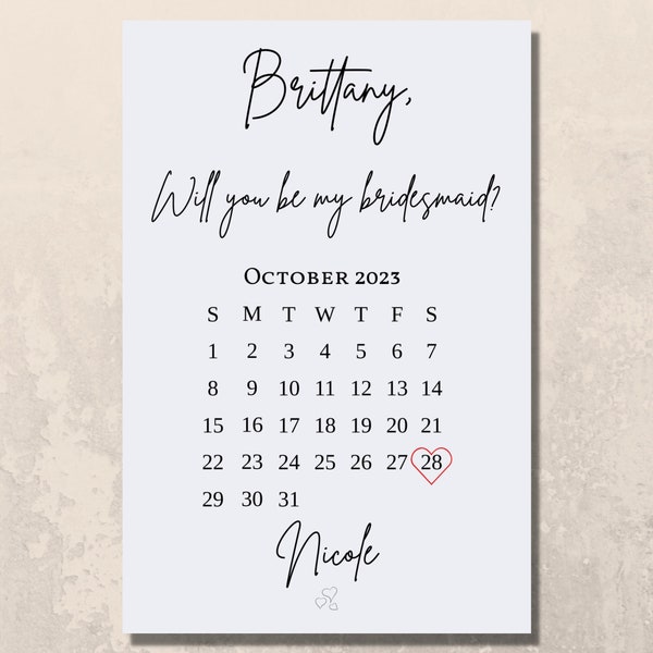 Bridesmaid Proposal Card - Editable Digital Download with Calendar!