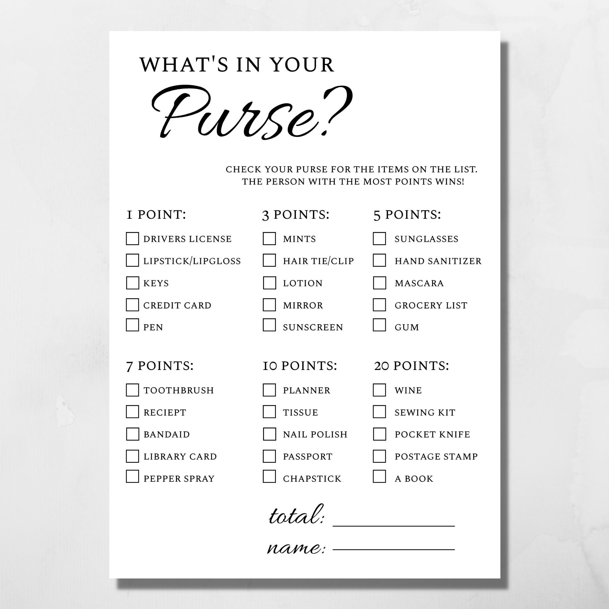 Navy Bridal Shower Games | Printable What's in Your Purse Game – ARRA  Creative
