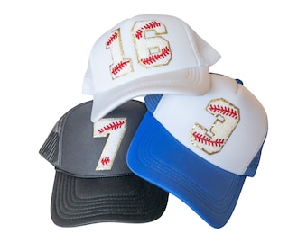 Aangepaste nummer honkbal hoed gepersonaliseerd cadeau honkbal moeder hoed aangepaste honkbal moeder Trucker Hat cadeau voor sport moeder Chenille honkbal nummers
