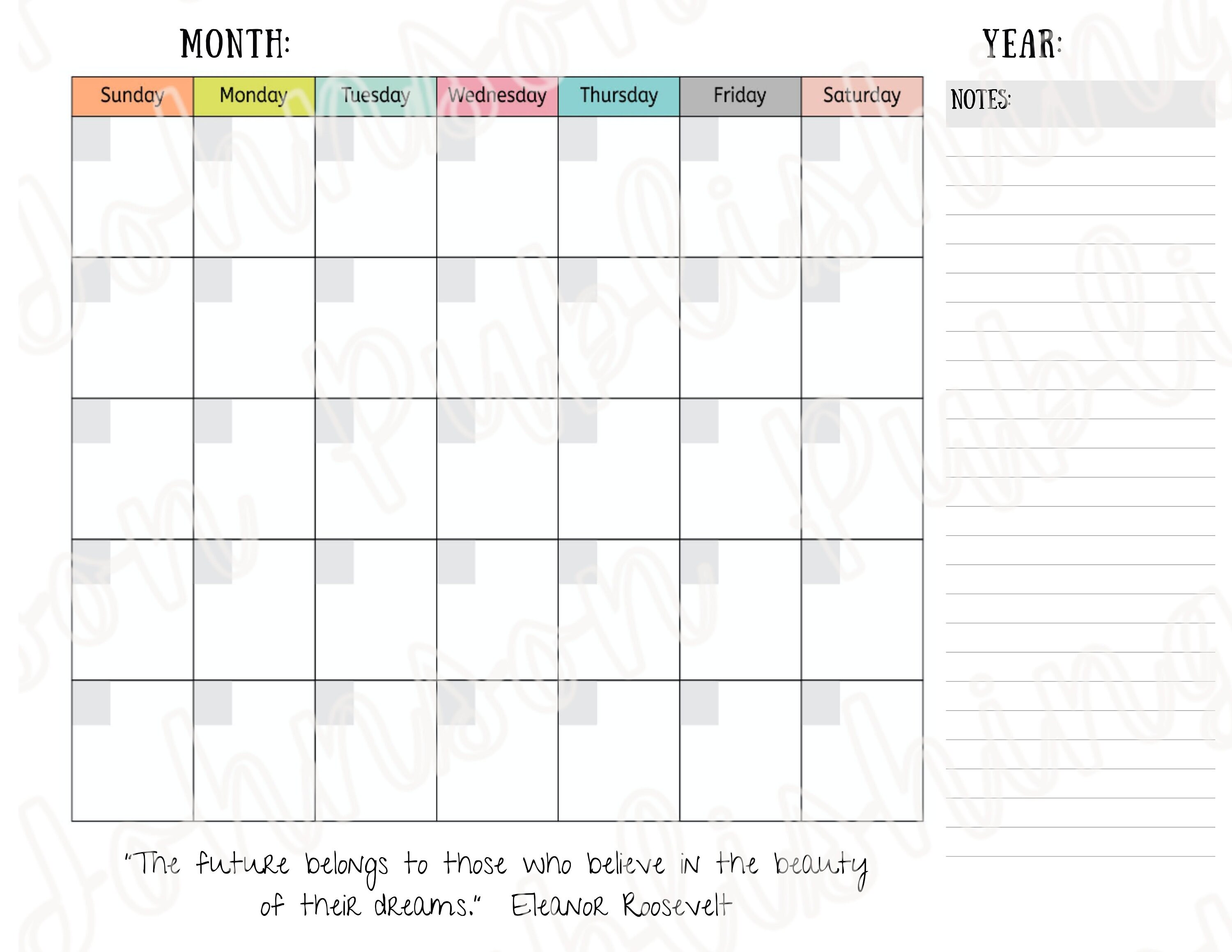 Blank Monthly Calendar Inspirational Quotes Printable landscape 11 X 8. ...