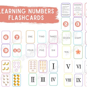Puede incluir: Juego de tarjetas didácticas para aprender los números. Las tarjetas muestran números, palabras e ilustraciones de objetos. El texto "LEARNING NUMBERS FLASHCARDS" está en la parte superior. Las tarjetas son de varios colores.