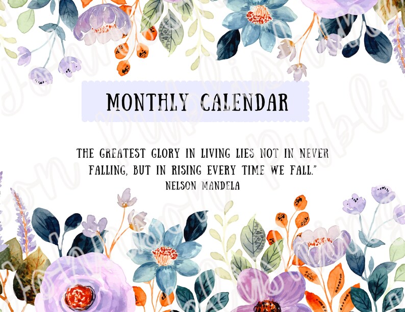 Blank Monthly Calendar Inspirational Quotes Printable landscape 11 X 8. ...