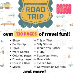 Road Trip Travel Vacation Kids Printable Car Games board games coloring pages bingo, tic-tac-toe, trivia, unplugged summer, instant download