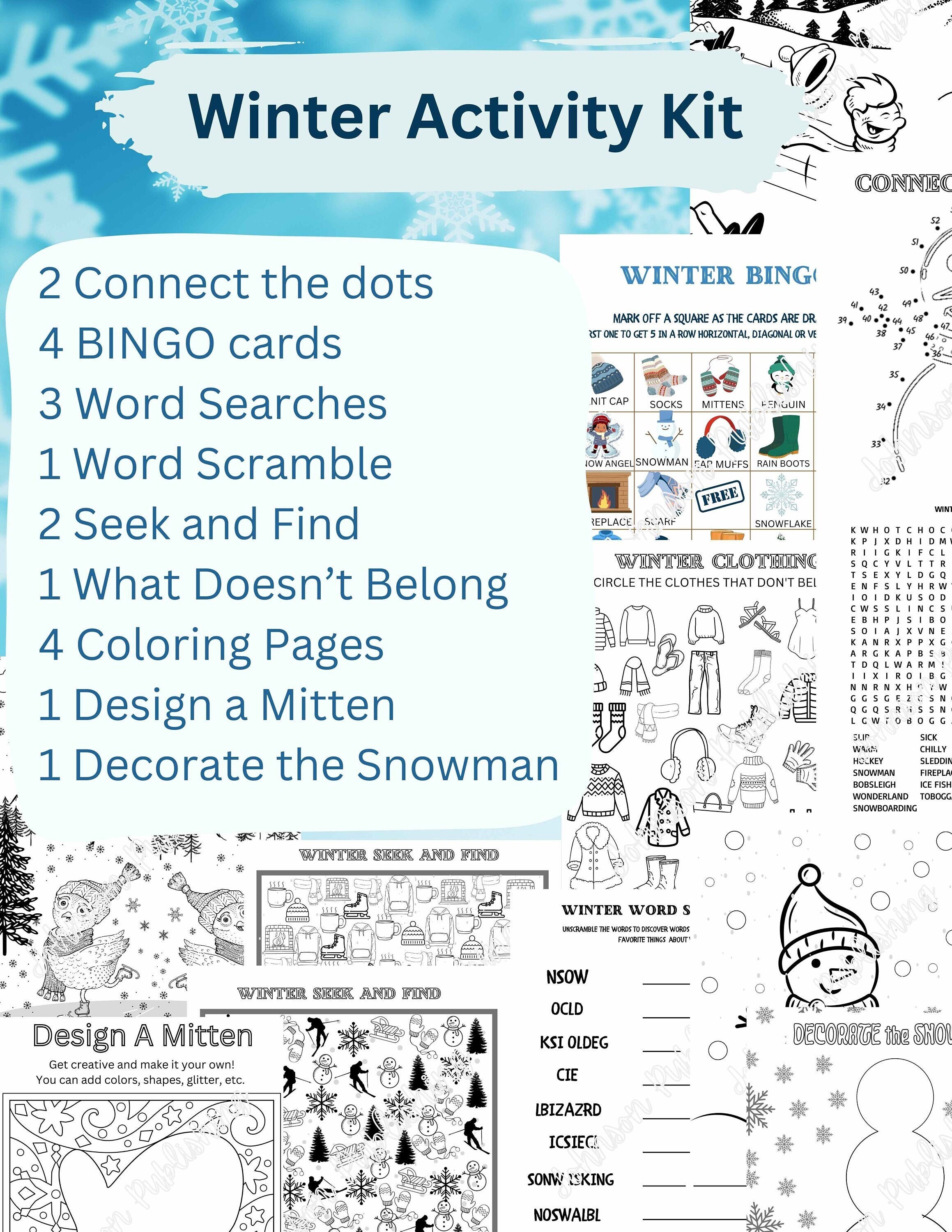 Winter Printable Activity Set, Snow Day Digital Printable Activity Set ...