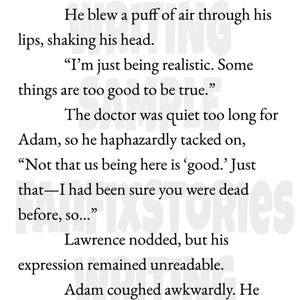 May include: A page of text from a book, featuring dialogue in quotation marks. The text is in black font on a white background. The words "FATIXSTORIES WRITING SAMPLE" are watermarked on the page.