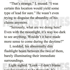 May include: A page of text from a novel, with dialogue between characters. The text is in black font on a white background. The text includes phrases like "That's strange" and "It still doesn't feel right."