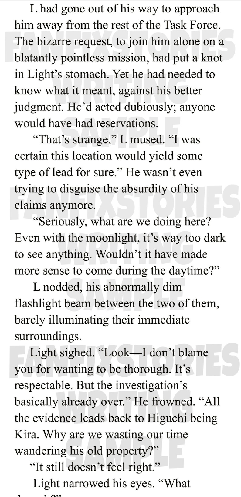 May include: A page of text from a novel, with dialogue between characters. The text is in black font on a white background. The text includes phrases like "That's strange" and "It still doesn't feel right."