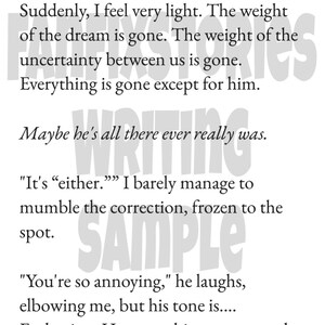 May include: A book page with text, including the words "Fantasy Stories Writing Sample" as a watermark. The text contains phrases such as "I love you" and "You make me feel safe."