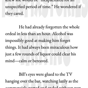 May include: A book page with black text on a white background. The text describes a man named Bill, news of an attack, and his thoughts. The text is arranged in paragraphs.
