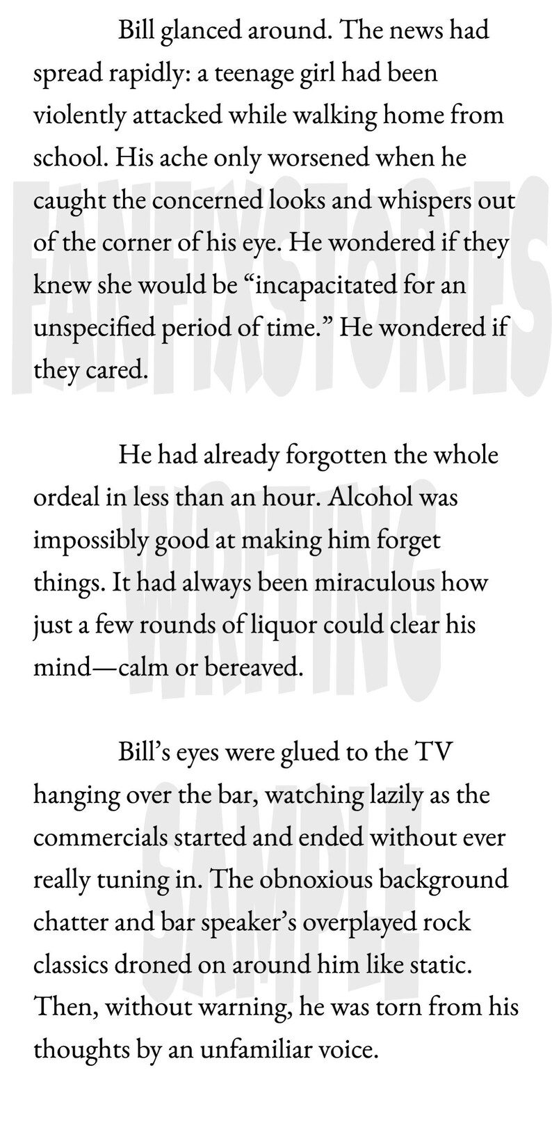 May include: A book page with black text on a white background. The text describes a man named Bill, news of an attack, and his thoughts. The text is arranged in paragraphs.