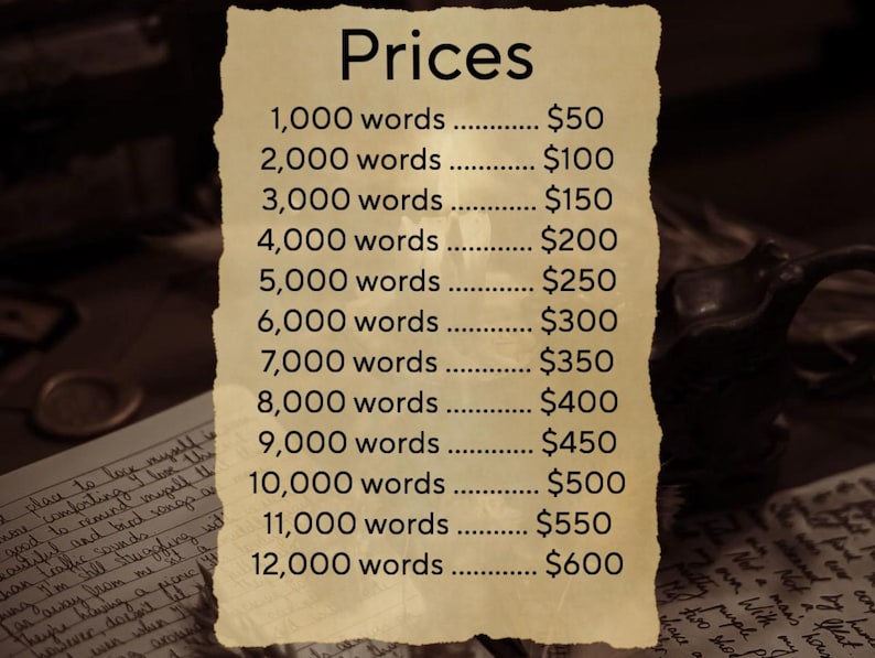 May include: A price list on aged paper, with the title "Prices". The list details word counts from 1,000 to 12,000, each paired with a corresponding amount in dollars, ranging from $50 to $600. The background has a dark, antique aesthetic.