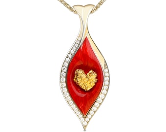 Unique in the world! Incredible pendant with diamonds, heart-shaped gold nugget and red enamel.