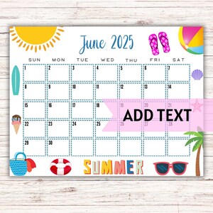 EDITABLE Printable June Calendar 2025 | Cute Summer June Calendar W/ Sunglasses and Palm Trees | Wall Calendar | Fillable Calendar