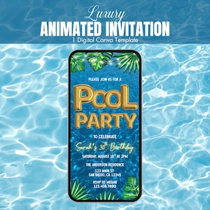 Digital Pool Party Invitation | Animated Tropical Themed Birthday Invite | Editable Birthday Party Invitation For Adults, Teens and Kids