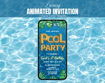 Digital Pool Party Invitation | Animated Tropical Themed Birthday Invite | Editable Birthday Party Invitation For Adults, Teens and Kids