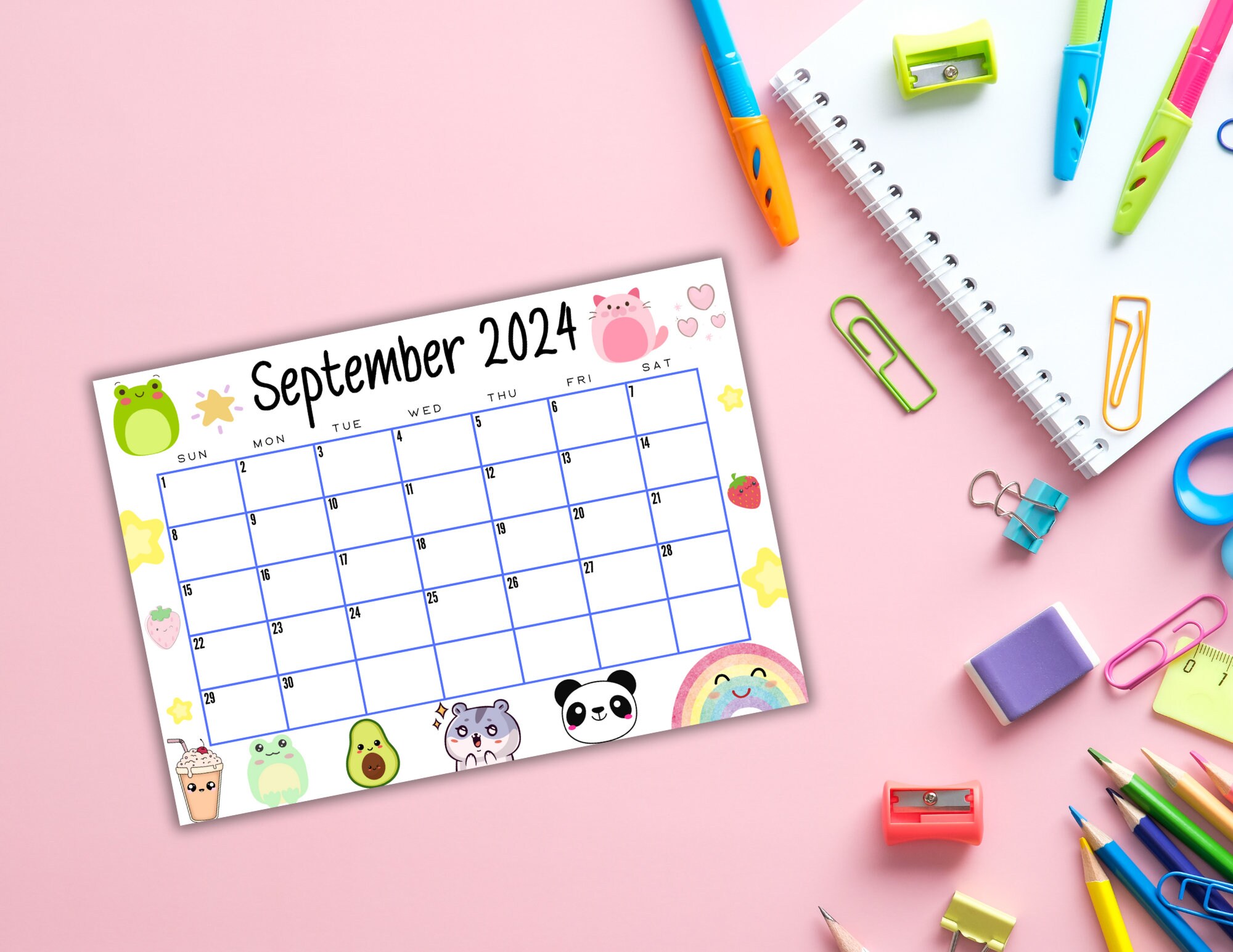 EDITABLE Printable September Calendar 2024 Cute Kid's Kawaii September Calendar W/ Boba Tea ...