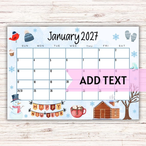 EDITABLE Printable January 2027 Calendar | Beautiful Winter and New Year's Day Themed Calendar | Holiday Calendar | January Calendar - Etsy Israel