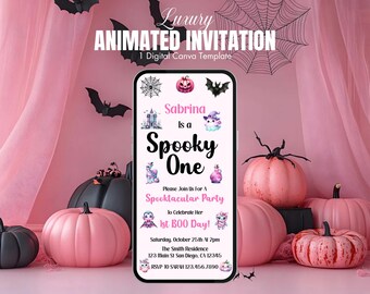 May include: A digital invitation on a smartphone screen with the text "Sabrina is a Spooky One" surrounded by pink pumpkins, bats, and a spiderweb. The invitation is for a Halloween-themed birthday party.