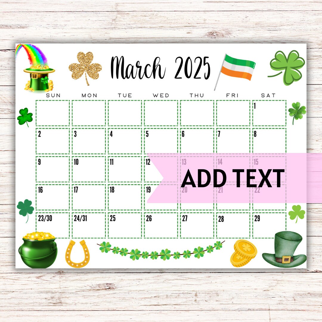 EDITABLE Printable March 2025 Calendar St. Patrick
