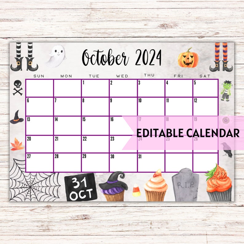 EDITABLE Printable October Calendar 2024 Cute & Spooky Halloween
