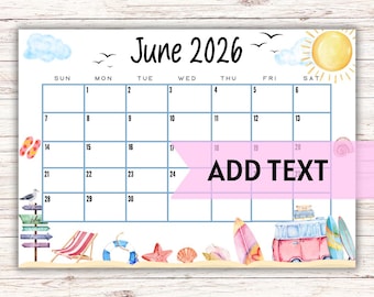 Calendario editable de junio de 2026 / Lindo calendario de verano con camión de playa y sol amarillo / Calendario rellenable / Calendario mensual / Calendario escolar