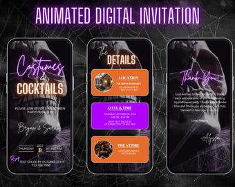 May include: A digital invitation for a Halloween party with the theme "Costumes & Cocktails". The invitation features a skull graphic and neon text. The details include the date, time, location, and RSVP information. The text reads "RSVP Text Chloe by October 20th 123.456.7890".