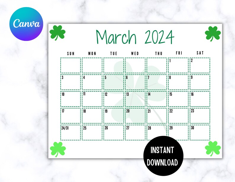 EDITABLE Printable March Calendar 2024 Cute St. Etsy