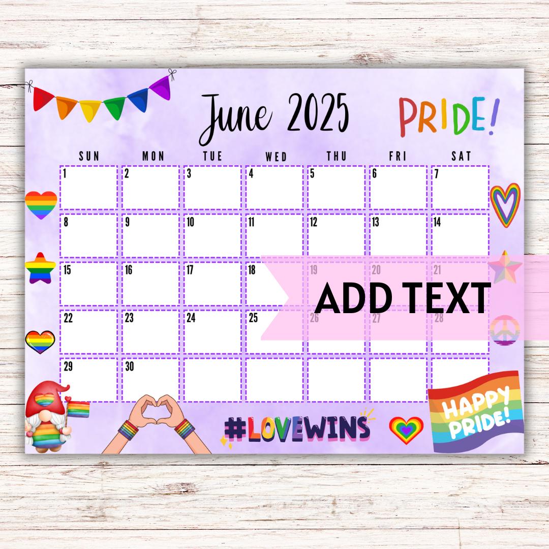 EDITABLE Printable June Calendar 2025 Summer LGBT Calendar 2025