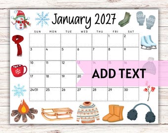 EDITABLE Printable January 2027 Calendar | Beautiful Winter Themed Calendar W/ Boots and Snowman | Monthly Calendar | Homeschool Planner