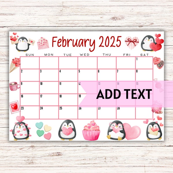 EDITABLE Printable February Calendar 2025 | Cute Valentine's February 2025 Calendar w/ Penguins | Classroom Calendar | Homeschool Planner